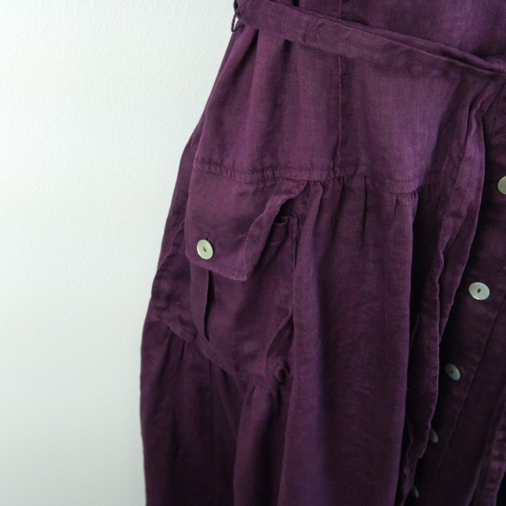Vintage Linen Maxi Dress 14 Purple Sleeveless Button Front Tie Waist Minimal 90s - Picture 4 of 10